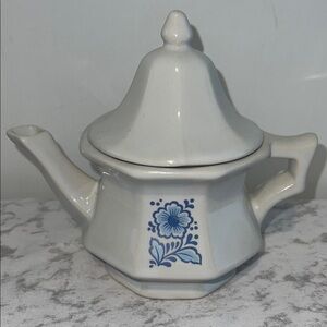 Vintage Avon White Ceramic Teapot with Blue Floral Design 1970s